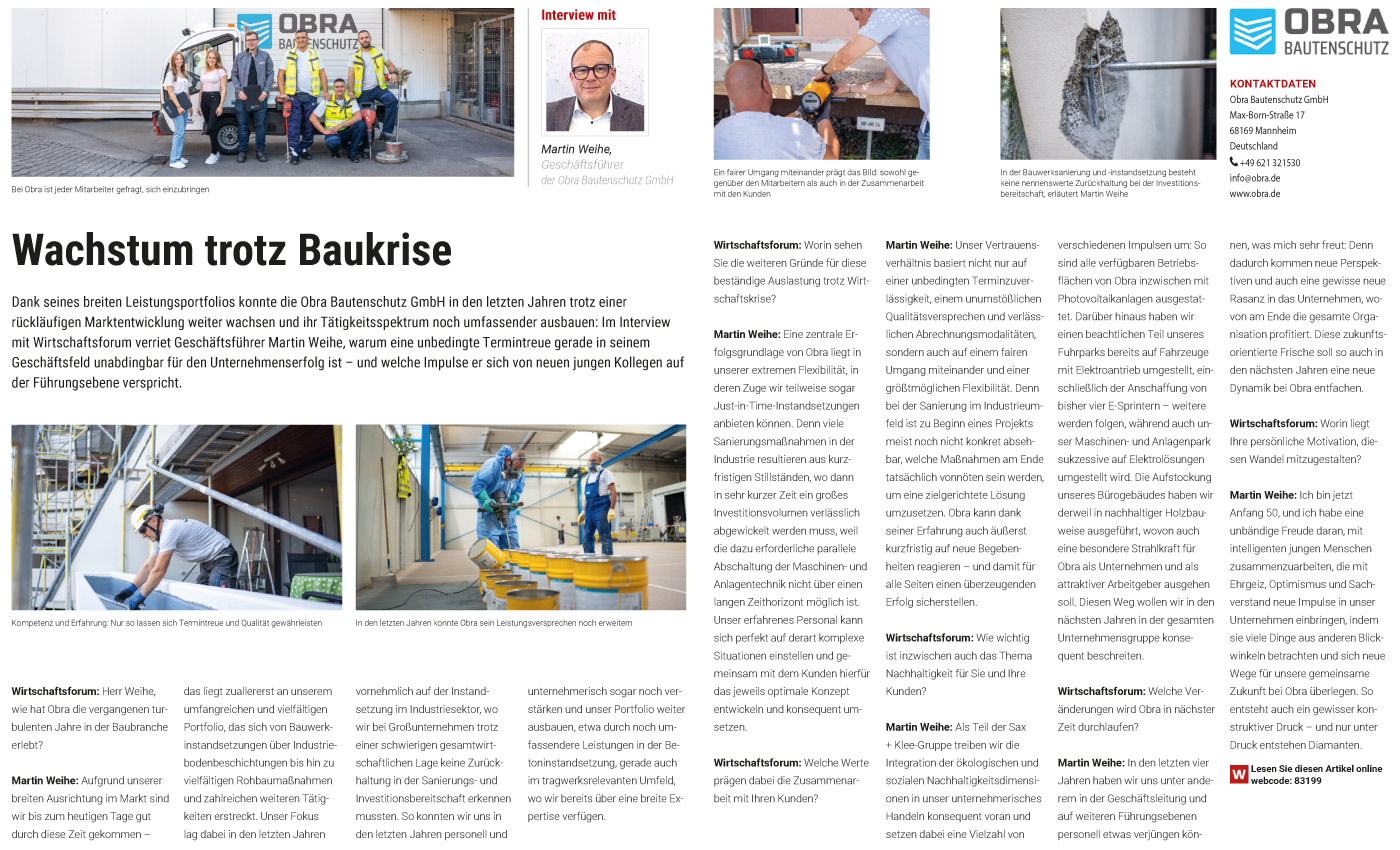 Interview with Martin Weihe, Managing Director of OBRA Bautenschutz GmbH, published on wirtschaftsforum
