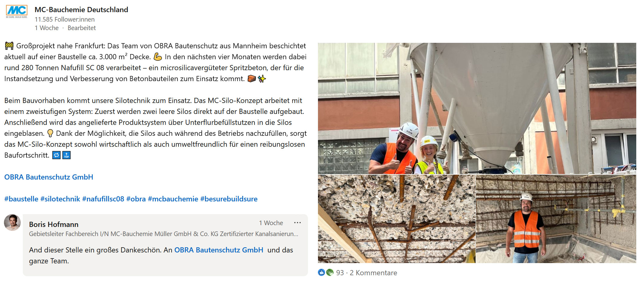 MC-Bauchemie Deutschland über die Zusammenarbeit mit der OBRA Bautenschutz GmbH